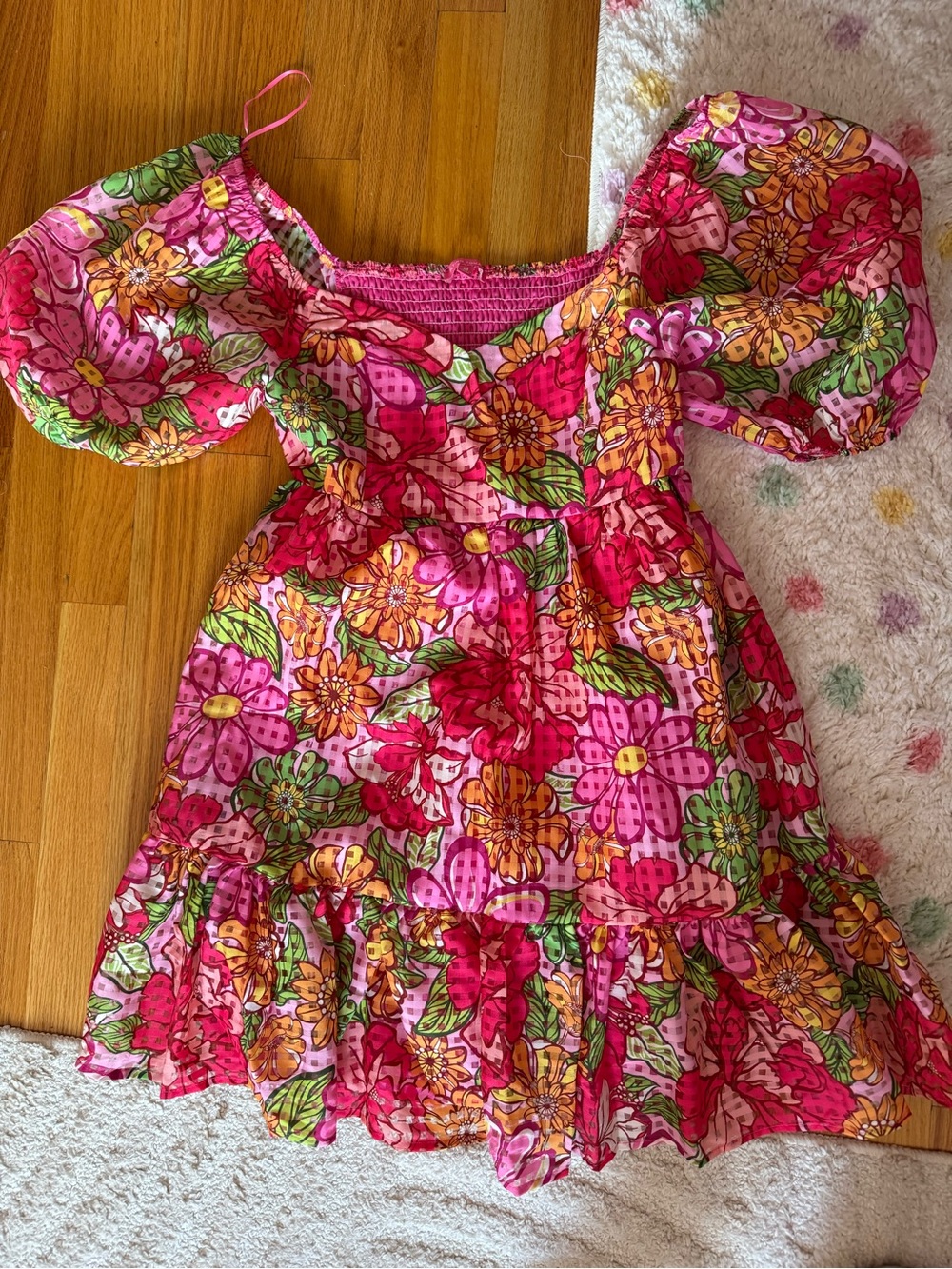 Flying Tomato Pink Floral Midi Dress with Orange & Green Accents